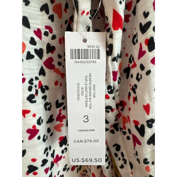 Chicos Knit V-Neck Top Red Black Heart Print Long Sleeves Size XL 3 NWT - Picture 3 of 7